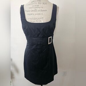 Bebe Pinafore Style Little mini black dress satin glamour rhinestone buckle M